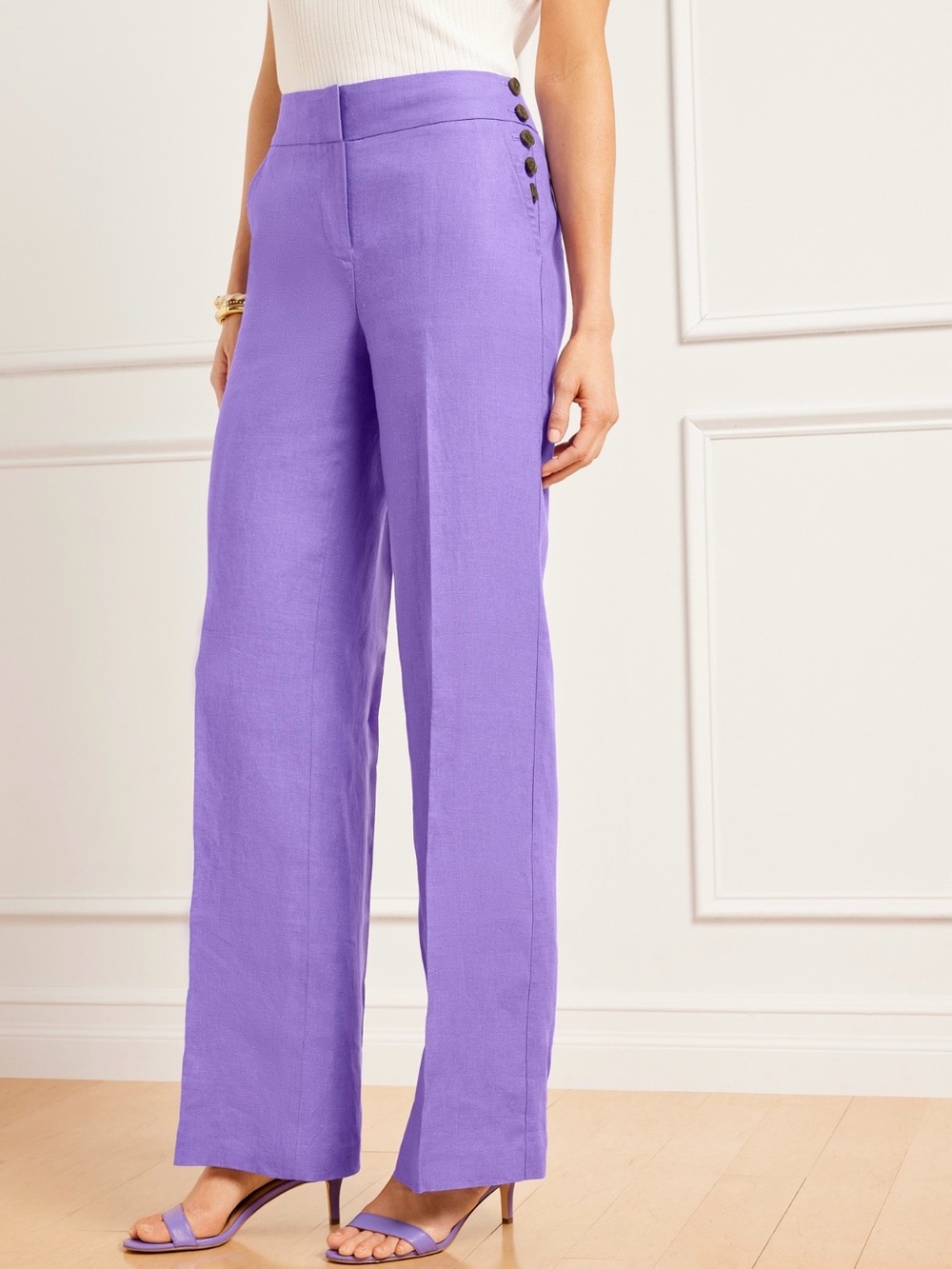 Talbots Lavender Wide-Leg Linen Pants with Side Button Detail
